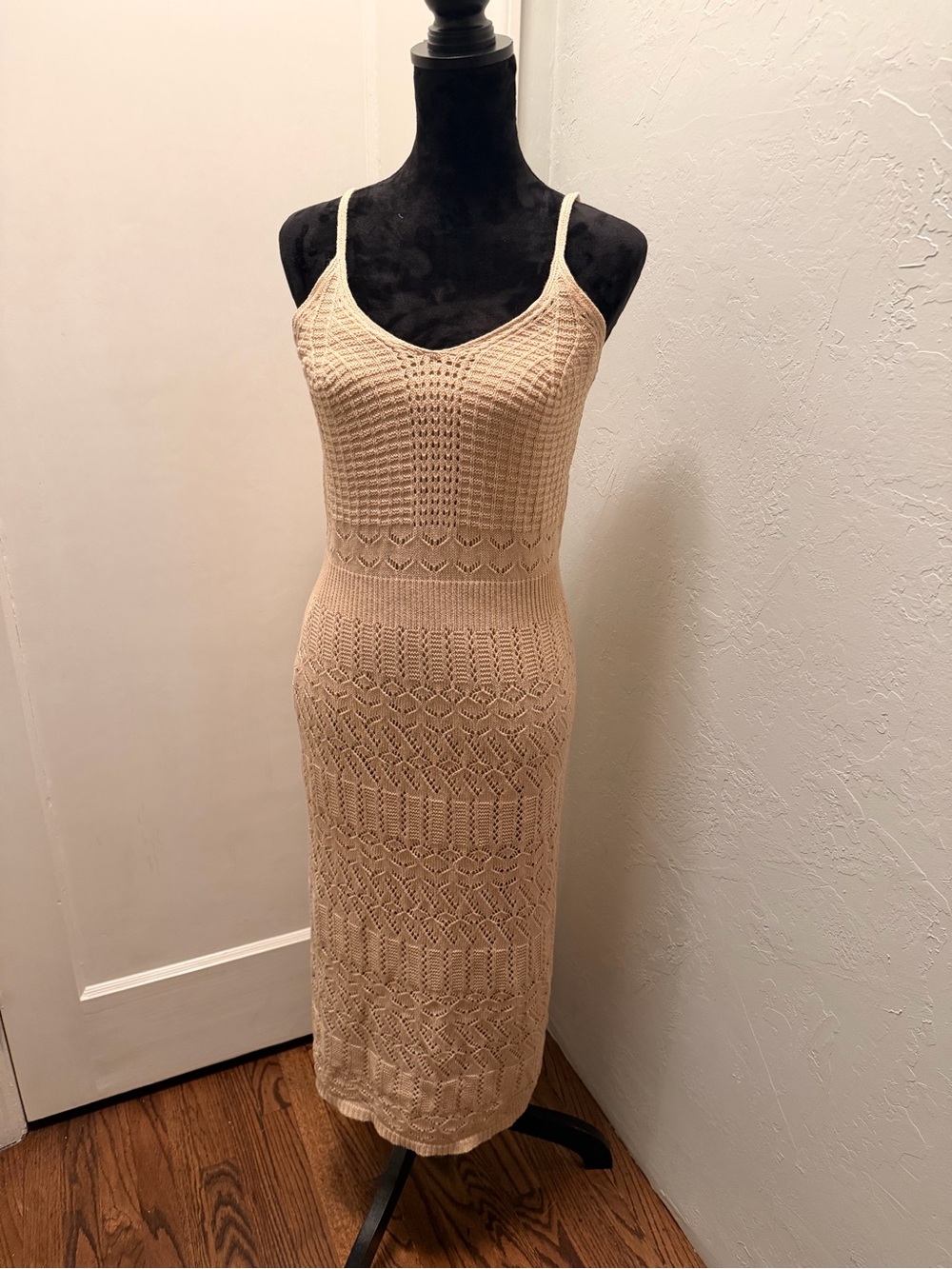 Beige Crochet Spaghetti-Strap Midi Dress